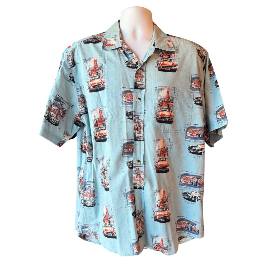 Clearwater Outfitters Mens XL Classic Car Diner Print Shirt Blue 100% Cotton